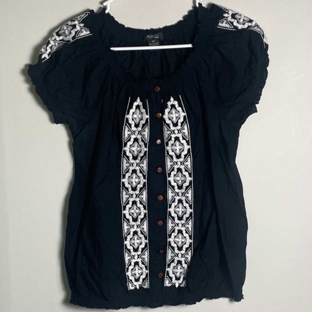 Style & Co. Black Blouse with White Embroidery
